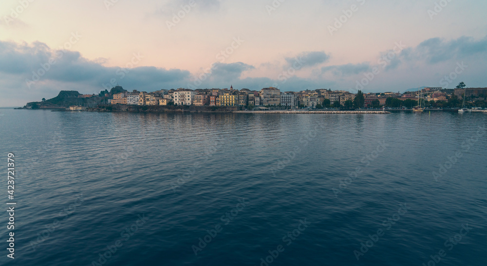 Corfu town from the sea at sunrise