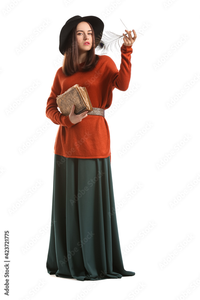 Female fortune teller with book on white background