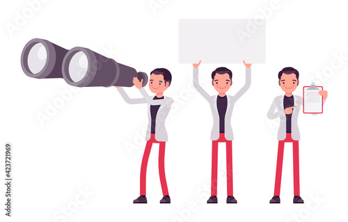 Smart businessman, business manager with giant binoculars, blank banner, clipboard. Office worker professional look, casual attire. Vector flat style cartoon illustration isolated on white background