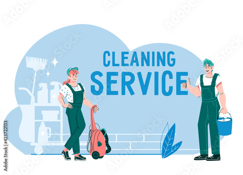 Cleaning service banner with man and woman dressed in uniform, flat cartoon vector illustration isolated on white background. Cleaning company staff.