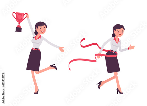 Smart businesswoman, business manager winning ribbon trophy, crossing finish line. Office worker professional look, formal attire. Vector flat style cartoon illustration isolated on white background