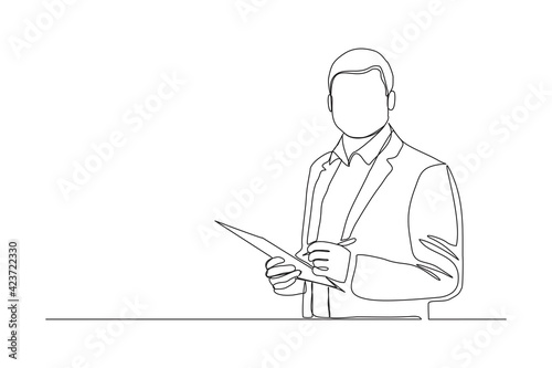 Continuous line drawing of young happy male worker standing while write business note from mentor on paper at clipboard. One single line businessman workshop concept. vector illustration