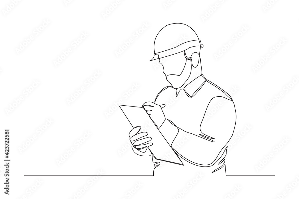 Continuous line drawing of young male architect engineer worker standing write business note on paper at clipboard wearing safety helmet. One single line businessman concept. Vector illustration