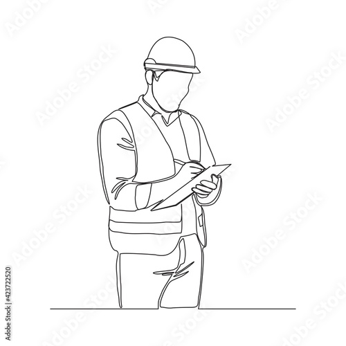 Continuous line drawing of young male architect engineer worker standing write business note on paper at clipboard wearing safety helmet. One single line businessman concept. Vector illustration