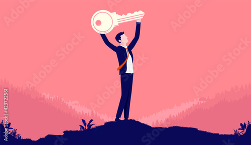 Key to success - Man holding key over head, metaphor for having a successful career. Vector illustration.