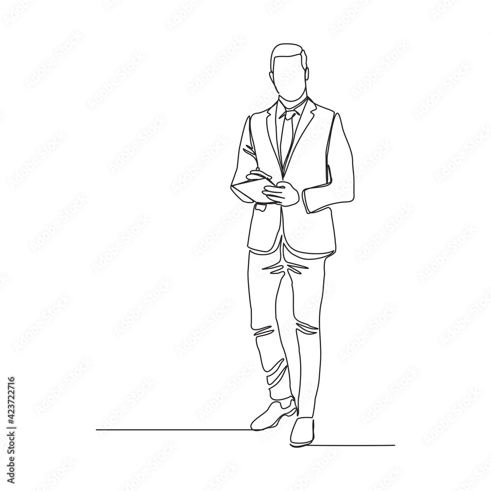 Continuous line drawing of young happy male worker standing while write business note from mentor on paper at clipboard. One single line businessman workshop concept. vector illustration