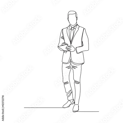 Continuous line drawing of young happy male worker standing while write business note from mentor on paper at clipboard. One single line businessman workshop concept. vector illustration