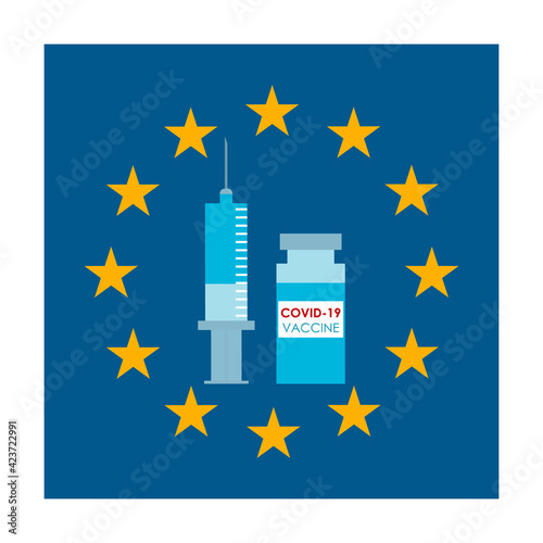EU flag and syringe with coronavirus vaccine. concept of mass immunization and vaccination against covid-19