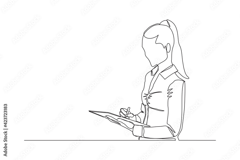 Continuous line drawing of young happy female worker standing while write business note from mentor on paper at clipboard. One single line business woman workshop concept. vector illustration