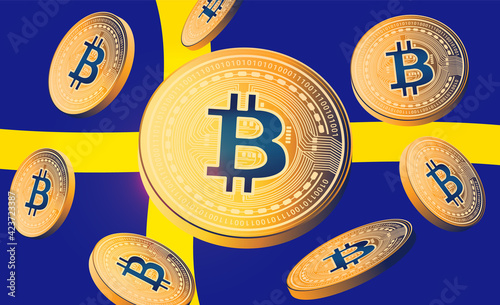 Bitcoin Sweden - Bitcoins flying in air in front of the Swedish flag. Vector illustration.