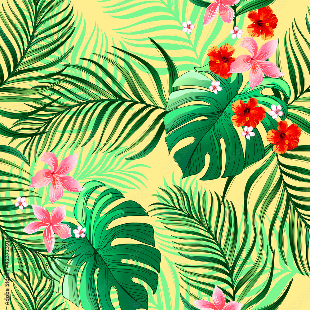 Exotic tropical pattern with strelizia, hibiscus, palm leaves. Summer vector background for fabric, cover,print design. Exotic tropical pattern with strelizia, hibiscus, palm leaves. Summer vector background for fabric, cover,print design.