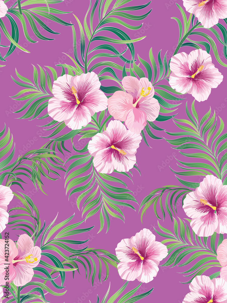 Exotic tropical pattern with strelizia, hibiscus, palm leaves. Summer vector background for fabric, cover,print design.