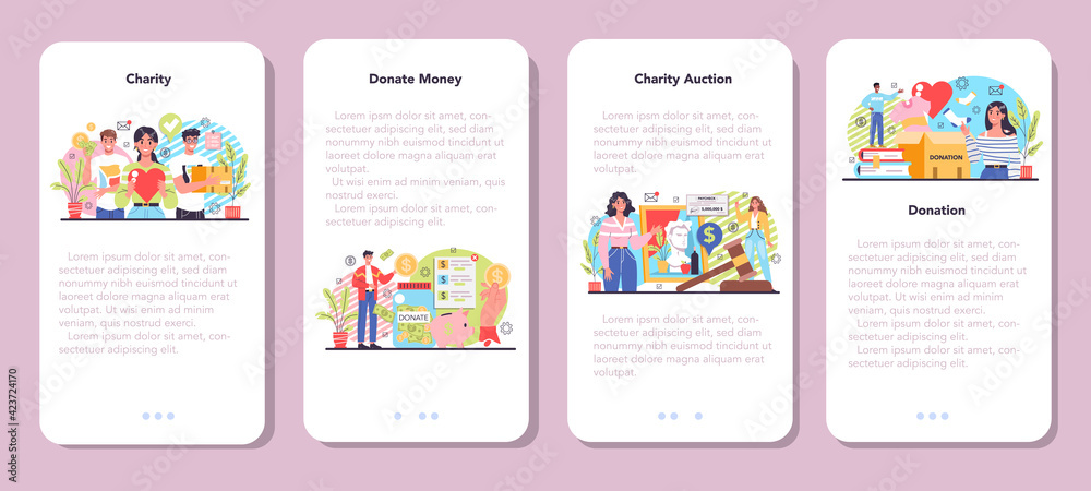 Charity mobile application banner set. People or volunteer donate