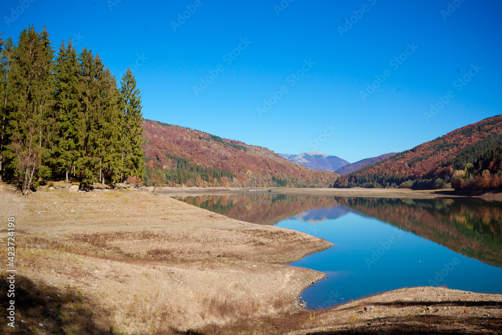 Amazing autumn landscape in the mountains with river and colorful trees on backdrop. Beautiful autumn background. Fall near Tereblia reservoir, Carpathian Mountains, Ukraine. 