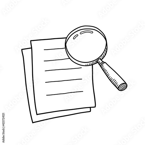 Document appraisal doodle, hand drawn doodle of two document papers with a magnifying glass, isolated on white background.