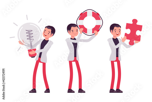 Smart businessman, business manager with giant bulb lamp, lifebuoy, puzzle. Office worker professional handsome look in casual attire. Vector flat style cartoon illustration isolated, white background