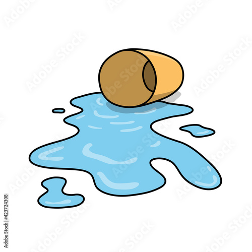 Spilled water on the floor from drinking glass, hand drawn vector doodle illustration of drinking water spilled on the floor, isolated on white background.