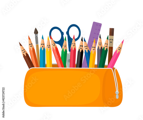 Bright school pencil case with filling school stationery such as pens, pencils, scissors, ruler, tassels. concept of September 1, go to school.