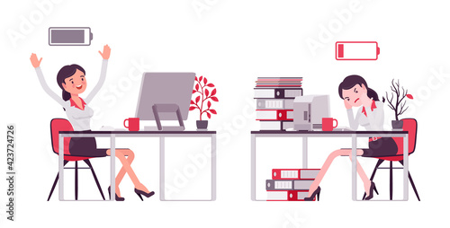 Smart businesswoman, manager full with energy, empty at working place. Attractive office worker professional look, formal attire. Vector flat style cartoon illustration isolated on white background