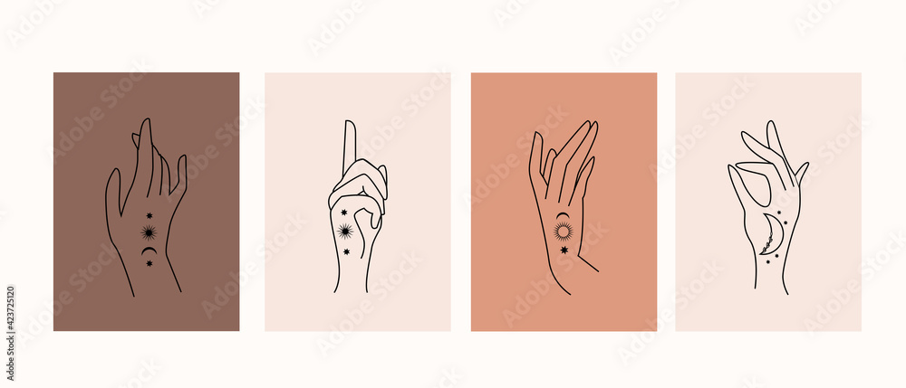 Mystical symbols with hands, eyes, sun and moon. Collection of magic posters Mystical symbols with hands, eyes, sun and moon. Collection of magic posters