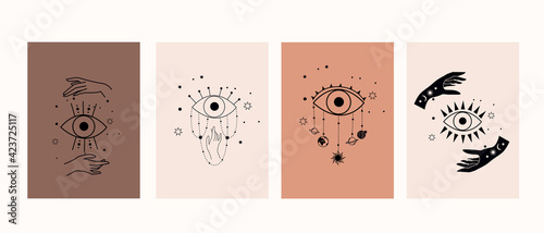 Mystical symbols with hands, eyes, sun and moon. Collection of magic posters
