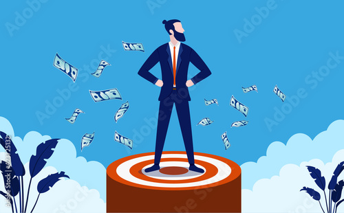 Financial target met - Businessman standing in bullseye, proud and satisfied after reaching business goal. Vector illustration.