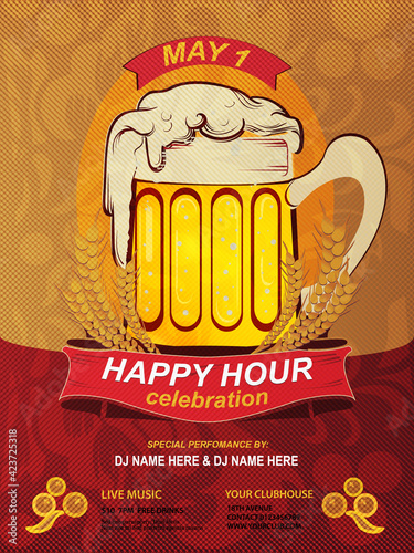 Happy Hour Poster For Advertising. Beer Mug with banner. Grunge Inscription. Grunge floral yellow, red Background. It can be useful whether it is a specific show, club event, special attraction.