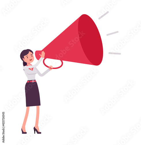 Young businesswoman, entrepreneur, owner, business manager with giant megaphone. Office worker professional look, formal attire. Vector flat style cartoon illustration isolated on white background