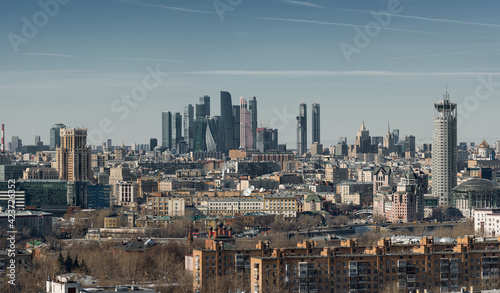 Panorama of the city of Moscow from a height of march 2021. Large metropolis