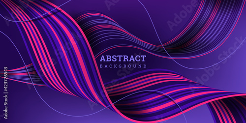 Abstract 3D background. Vector illustration striped ribbons. Backdrop with flow lines. Festive violet banner realistic style. Wavy striped texture. Elegant decoration. Design poster, flyer, wallpaper.
