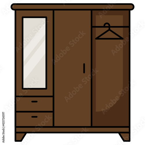 2 door wardrobe with mirror and drawers Concept Vector color line Icon Design, Interior design Symbol, Home Office decoration Sign, Residential and Commercial Decor Elements stock illustration