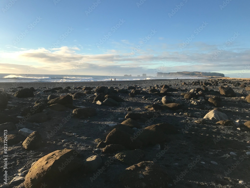 Iceland sea and rocks, stony beach, black beach, Iceland view