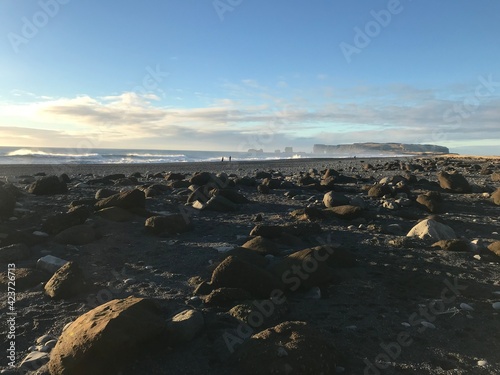 Iceland sea and rocks, stony beach, black beach, Iceland view © ewa