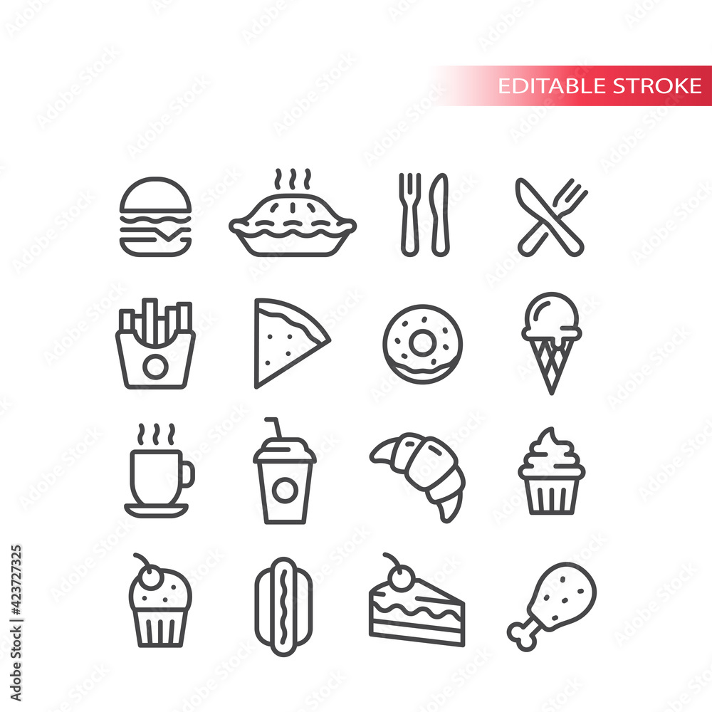 Fast food diner or restaurant line vector icon set. Burger, hot dog, cake, fries symbols, editable stroke.