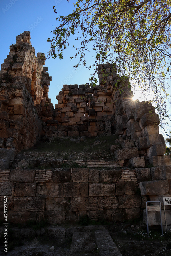 ruins of the ancient city wall in Perge, near Antalya, Turkey