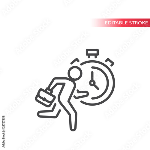 Businessman running with briefcase and stopwatch clock. Timer and man, business line vector icon, editable stroke.