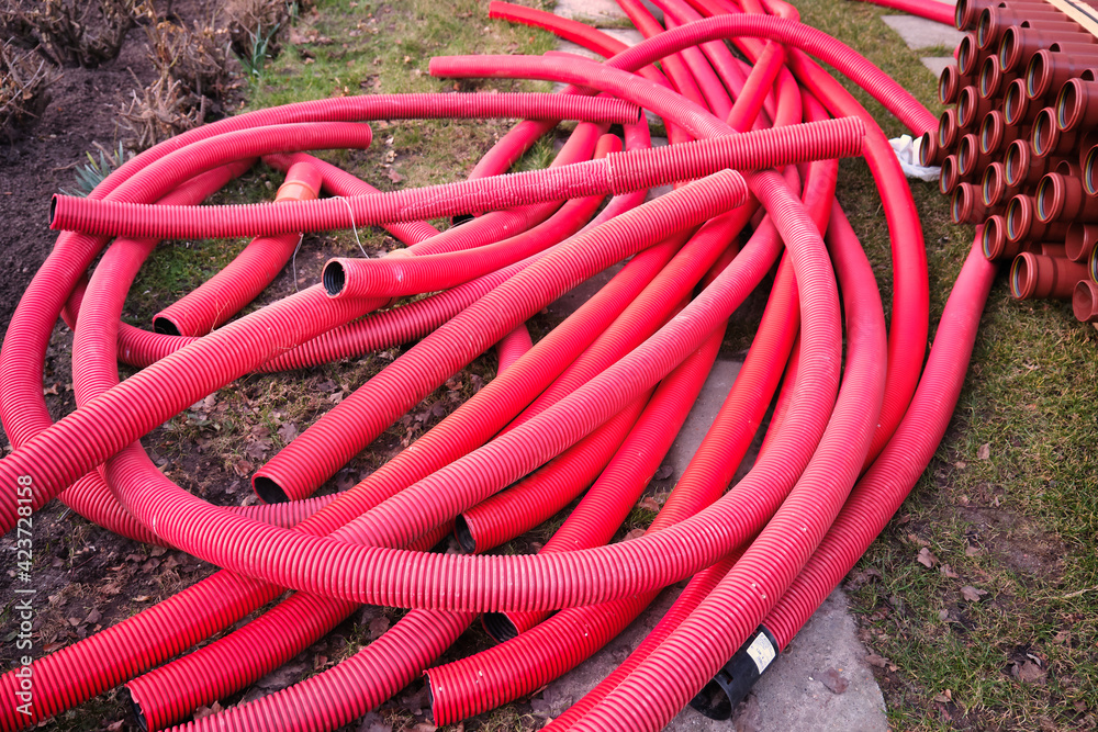 Red plastichoses flexible for drainage