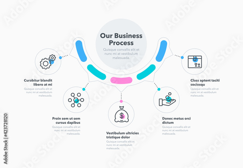 Simple concept for business process diagram with five steps and place for your description. Flat infographic design template for website or presentation. photo