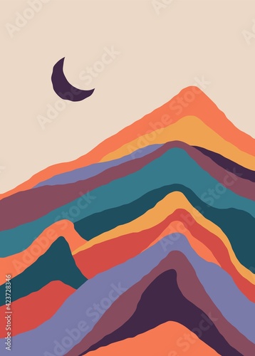 Abstract landscape poster in pastel colors. Contemporary art, boho print with moon mountains in vector