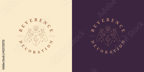 Magic hands with moon crescent logo emblem design template vector illustration in minimal line art style