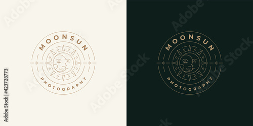 Magic sun and moon with human face logo emblem design template vector illustration in minimal line art style