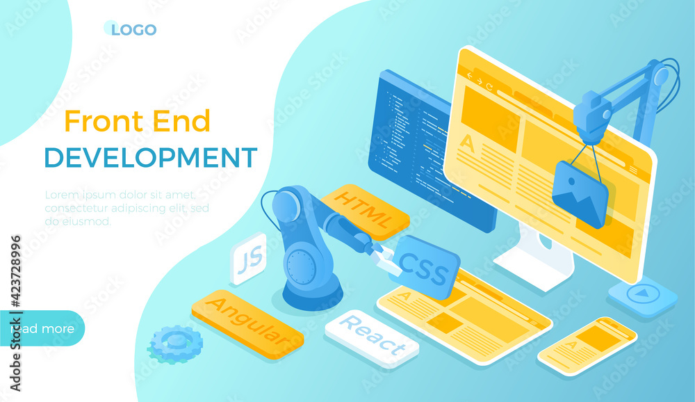 Frontend Development. Creating a site layout, template. Converting data into a graphical UI UX interface. Web development, design, graphic, usability. Isometric vector illustration for website.