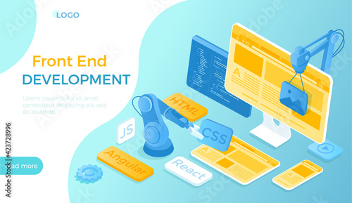 Frontend Development. Creating a site layout, template. Converting data into a graphical UI UX interface. Web development, design, graphic, usability. Isometric vector illustration for website.