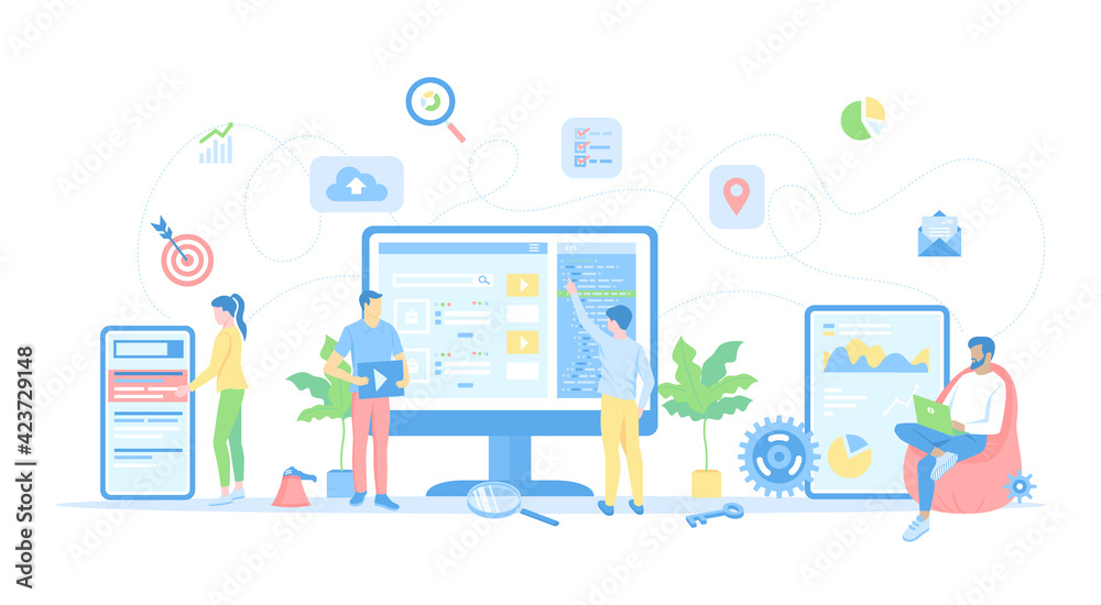 Internet Marketing, Search engine optimization, SEO. SEO managers and analytics analyze and make changes to the site so that they are optimized for search engines. Conceptual flat vector illustration 