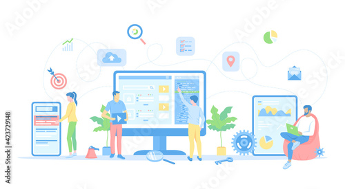 Internet Marketing  Search engine optimization  SEO. SEO managers and analytics analyze and make changes to the site so that they are optimized for search engines. Conceptual flat vector illustration 