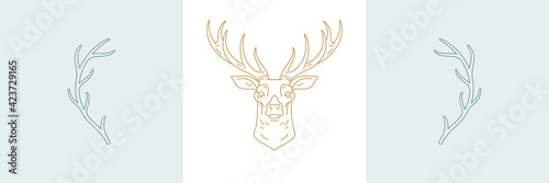 Antlers and head of wild deer in boho linear style vector illustrations set.