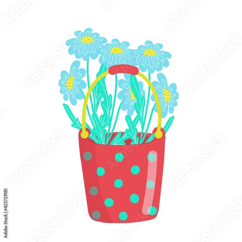 ..Red bright polka dot bucket filled with daisies, bouquet of daisies, spring flowers, vector illustration in cartoon style, flat.
