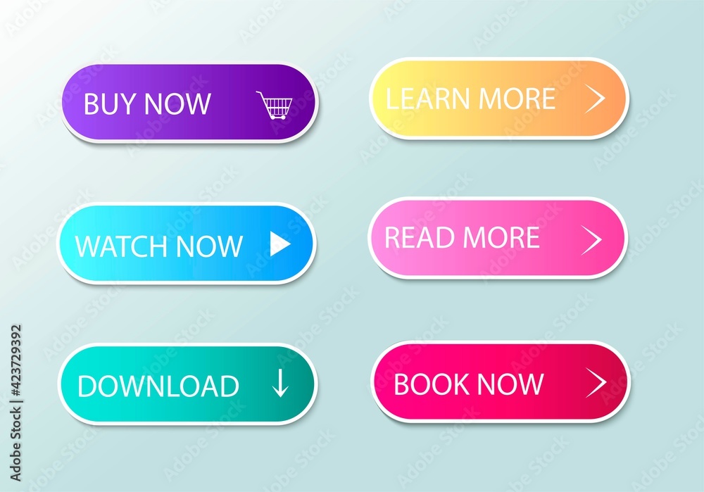 Set of buttons for applications. Vector image. Web site user interface. Download, find out more, buy now. Colorful icons for website. Gradient fill.
Set of buttons for applications. Vector image. Web site user interface. Download, find out more, buy now. Colorful icons for website. Gradient fill.