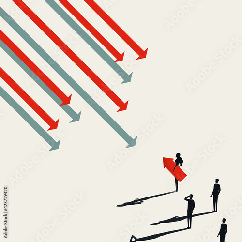 Business leader vector concept, with woman leader against flow. Innovation and invention symbol. Minimal illustration.
