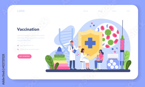 Pediatrician web banner or landing page. Doctor examining a child